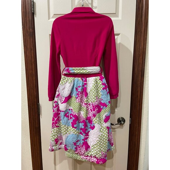 Vintage Komars Fuchsia Collared Dress With Floral Patchwork Skirt & Belt - Picture 8 of 8